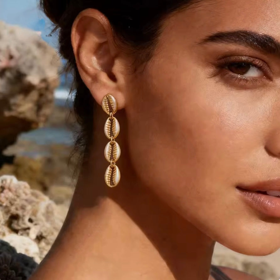 Gold Cowrie Shell Link Earrings